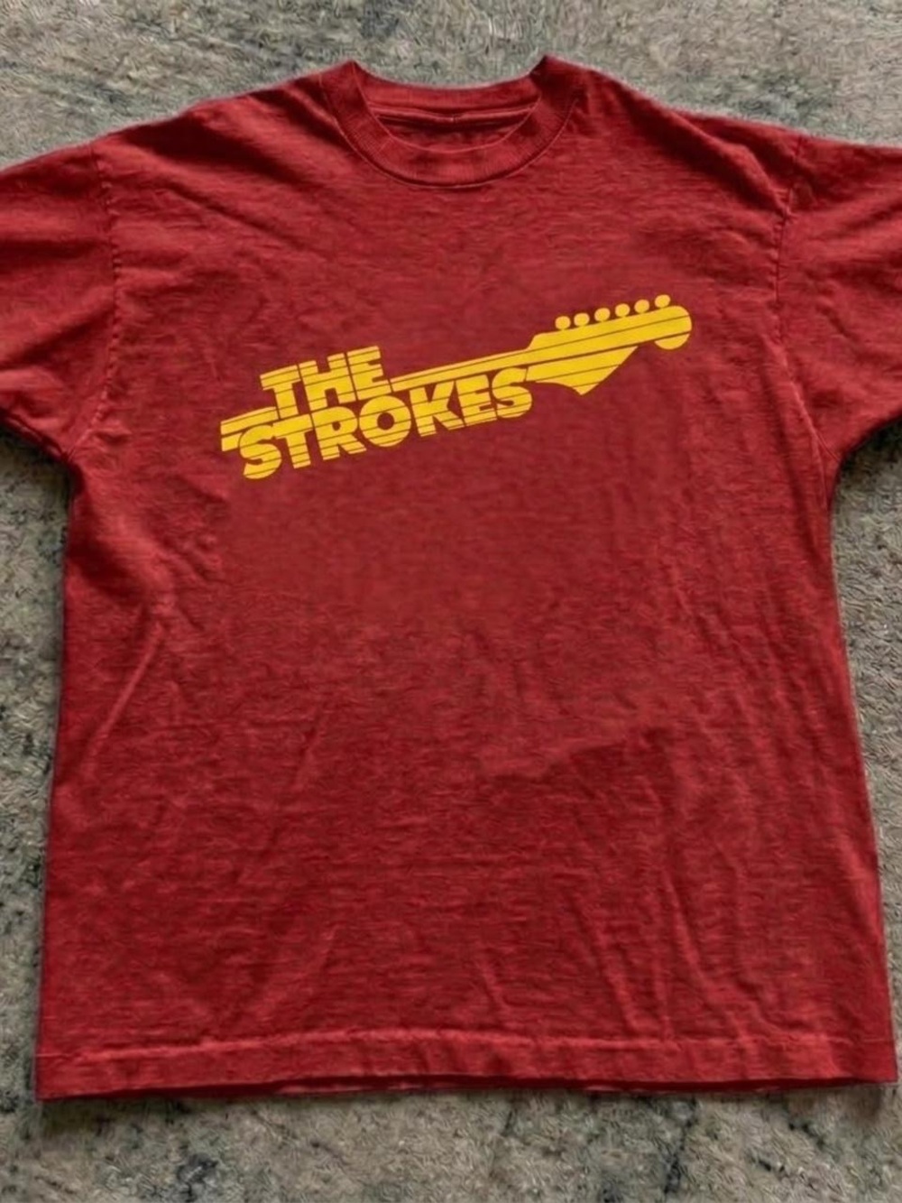 Gildan Red Short Sleeve Tee with Yellow 'The Strokes' Guitar Graphic